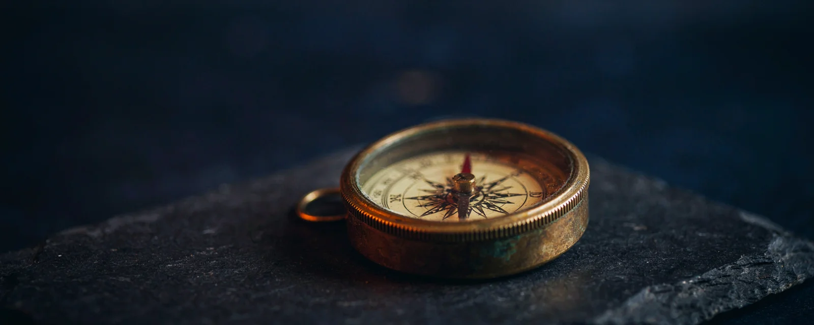 A single brass compass with a fixed bearing, representing the executive sponsor setting a fixed direction before the ninety-day plan begins