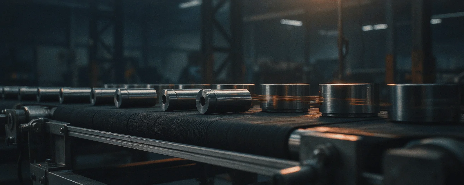 A conveyor belt in motion carrying identical metal parts, blurred with movement, representing the system running on real work for three straight weeks