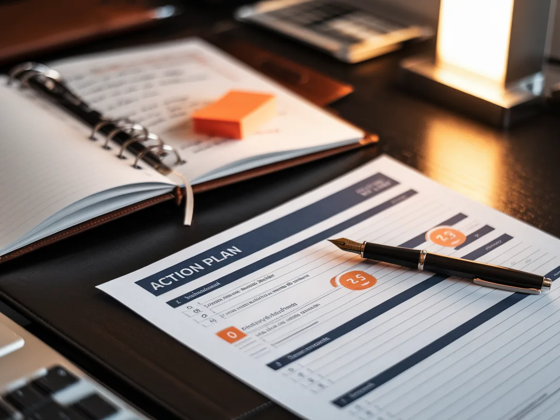 Printed action plan document on executive desk with pen and notebook