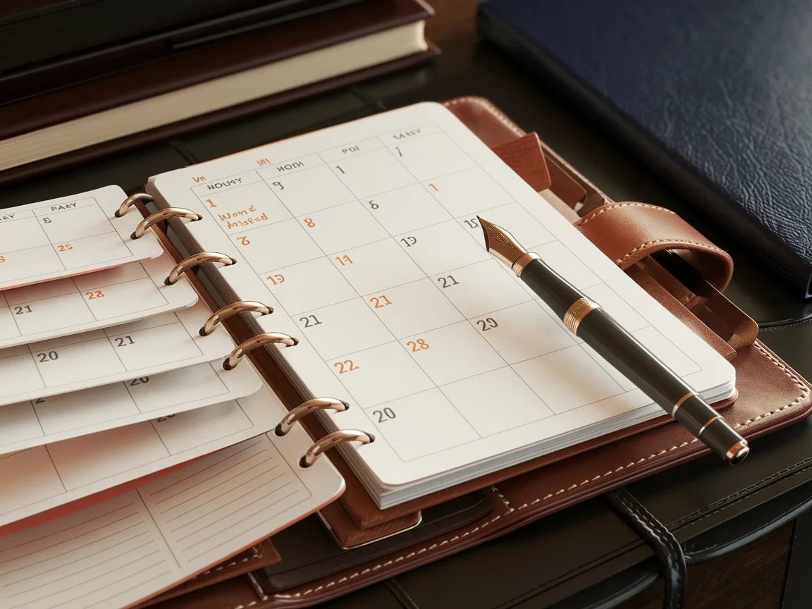 Leather desk planner open to a monthly calendar with the same appointment marked in orange ink across several months
