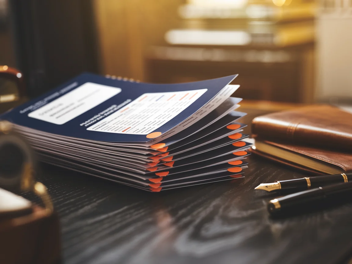 Growing stack of dated navy progress reports with orange tab markers fanned out on an executive desk