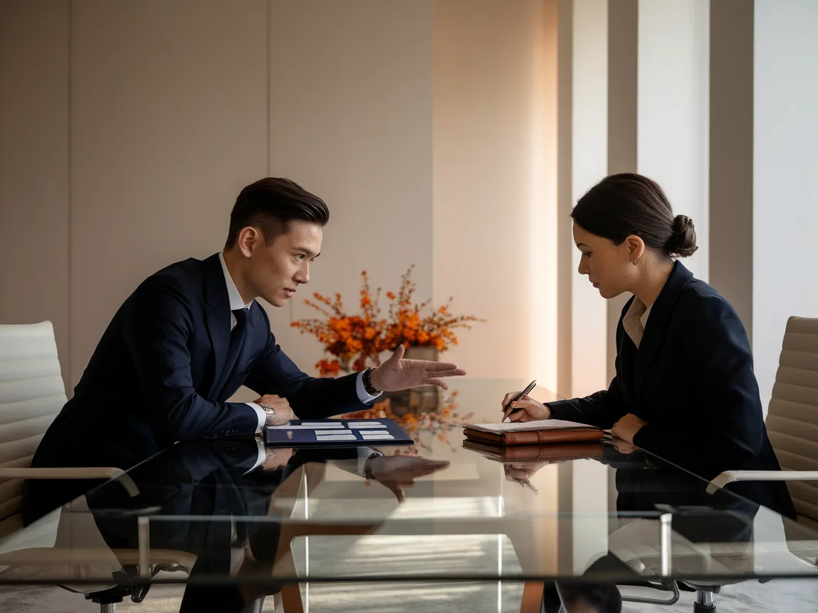 Private one-on-one advisory session across a glass table