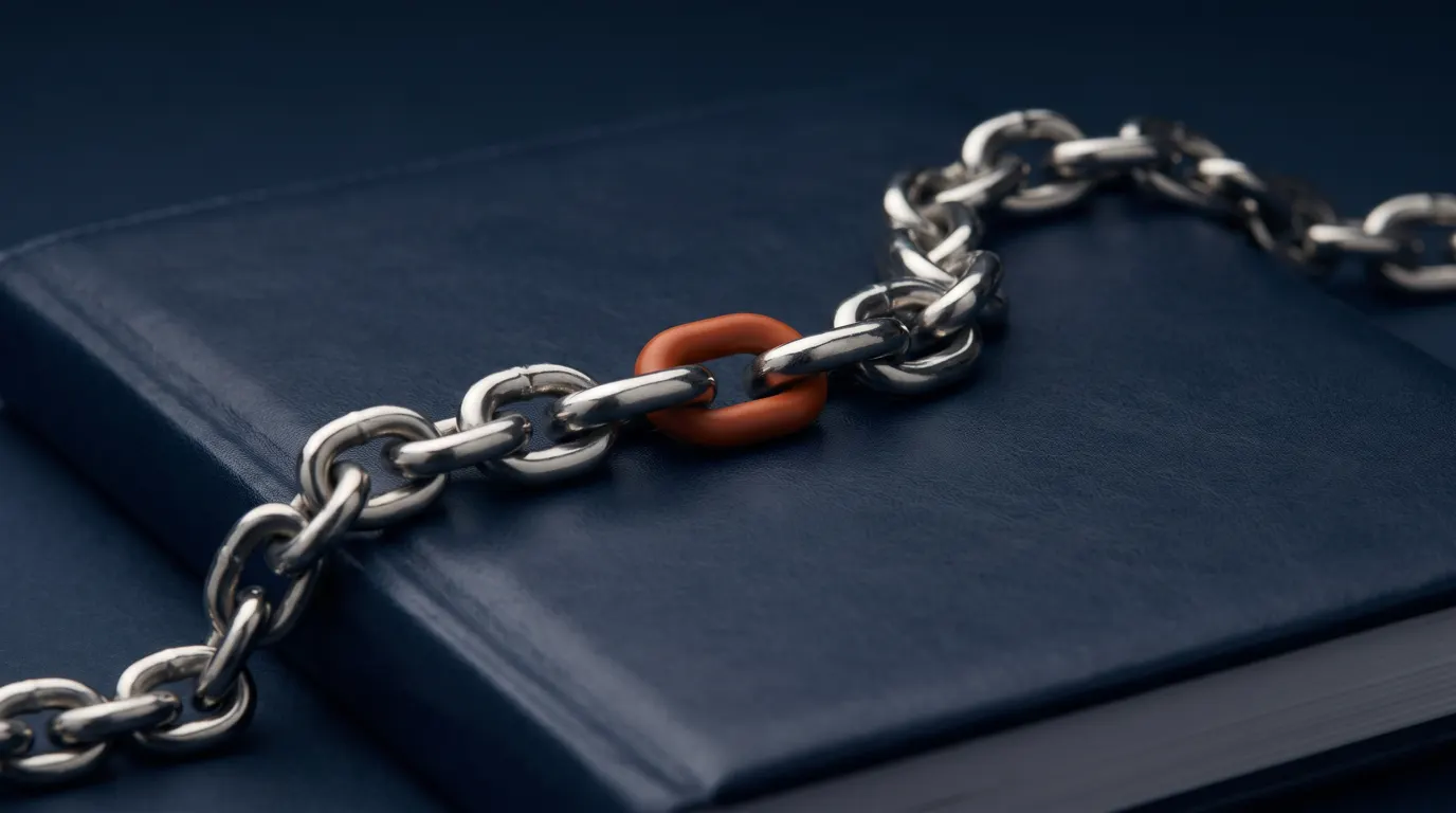 A steel chain across a navy ledger, with one orange link