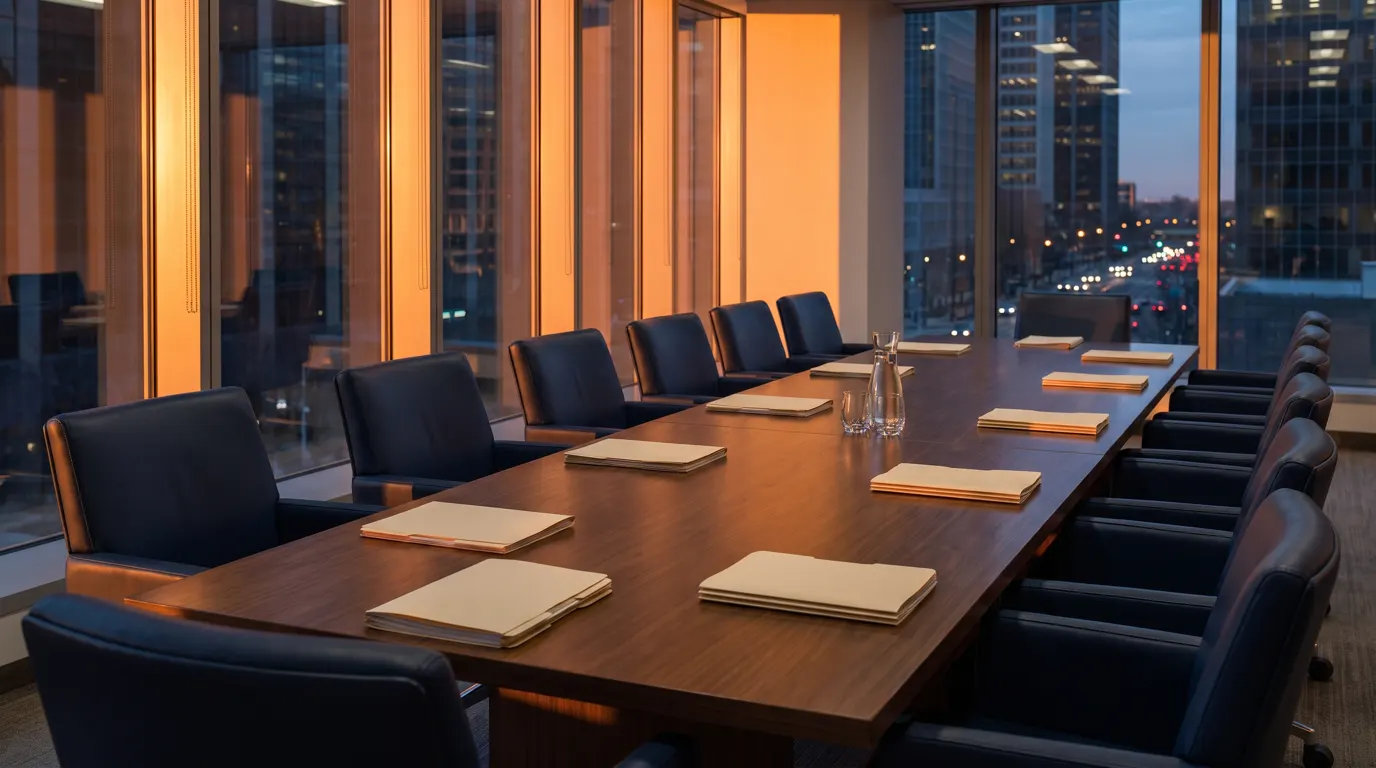 An empty boardroom at dusk with folders laid out along a long table