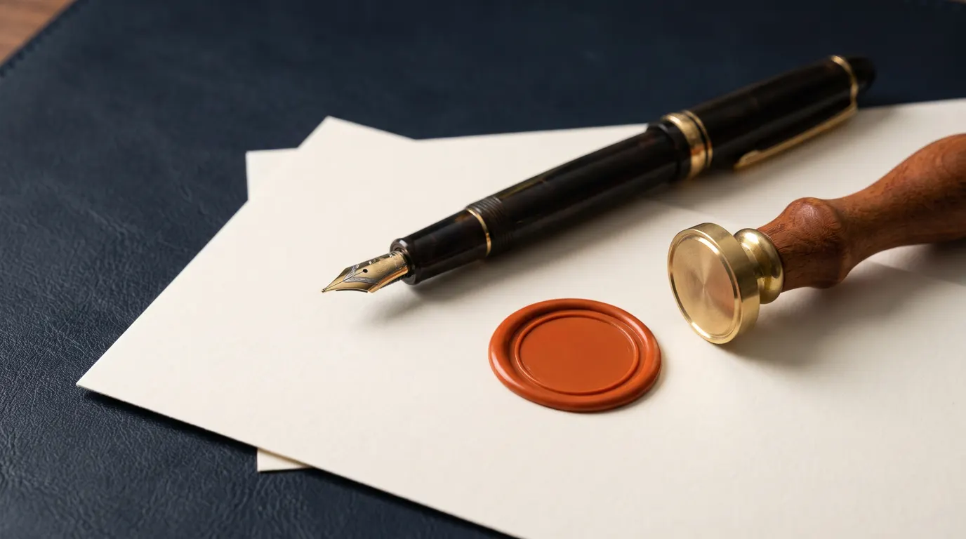 A fountain pen, a brass seal stamp and an orange wax seal on a blank sheet