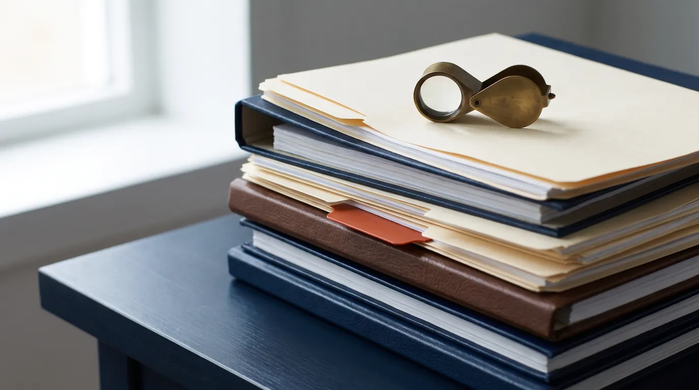 A stack of audit binders and folders with a jeweller's loupe on top