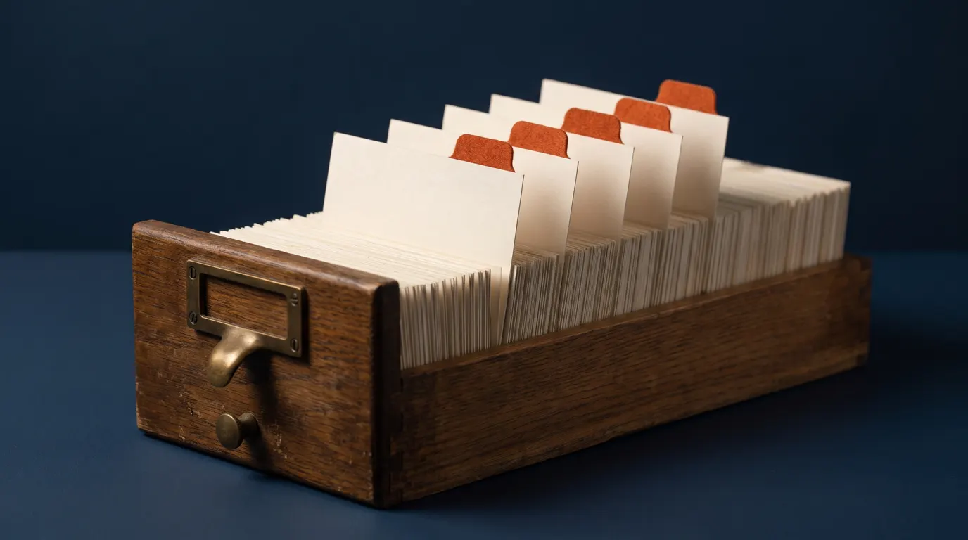 A card-catalogue drawer with six cards raised, each with an orange tab