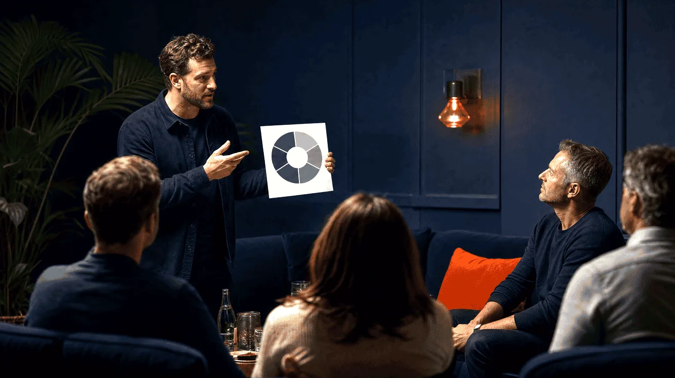 A facilitator briefing a small group with a printed five-part diagnostic chart