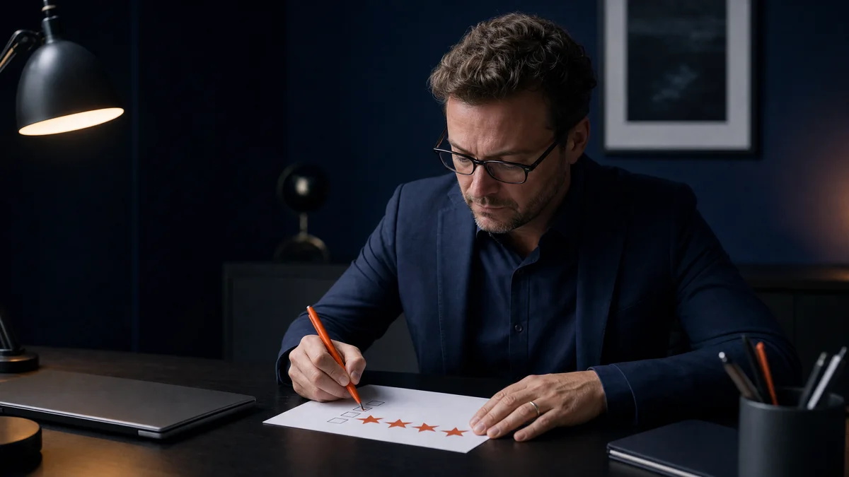 A professional marking a printed five-point readiness scorecard