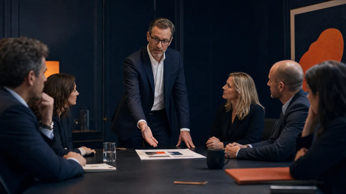 A facilitator addressing a group of executives around a boardroom table