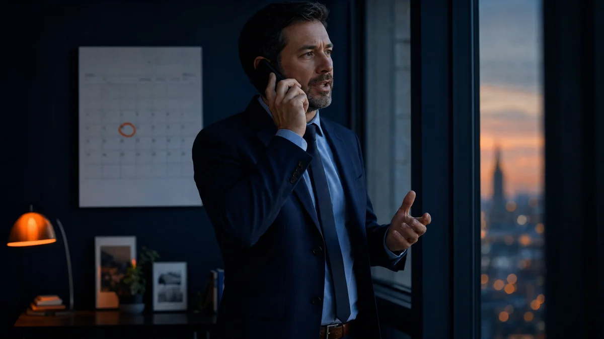 A professional taking a call, with a wall calendar marking a recurring date behind him