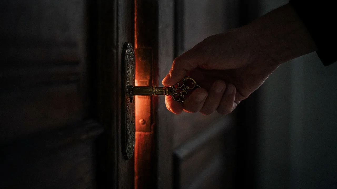 A hand turning a brass key in a door lock, warm orange light spilling through the opening gap