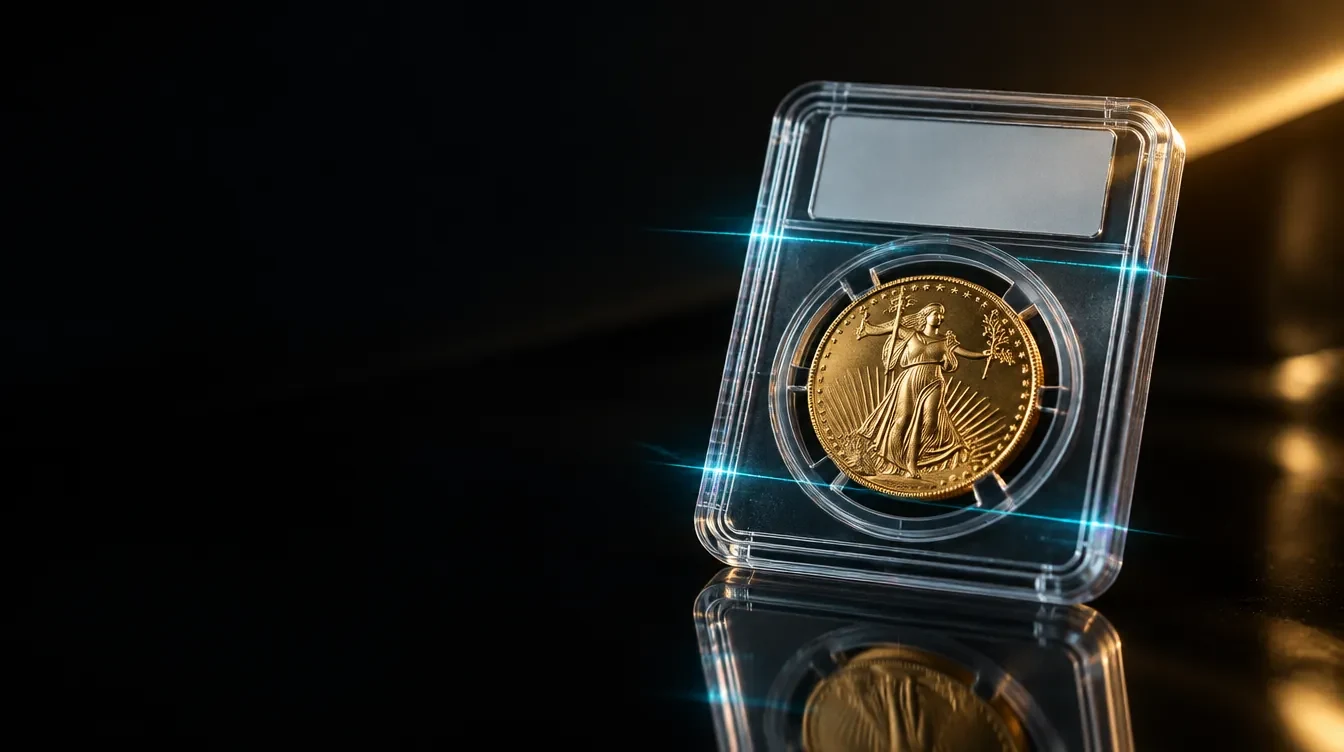 A gold coin in a clear grading holder with a blank label, lit against a dark background