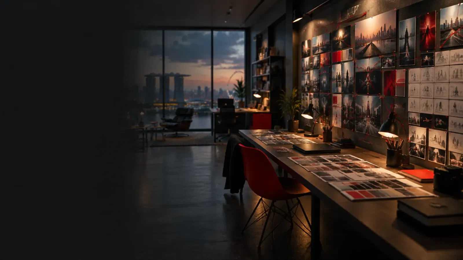Creative studio at dusk with a wall of concept boards and a city skyline through the window