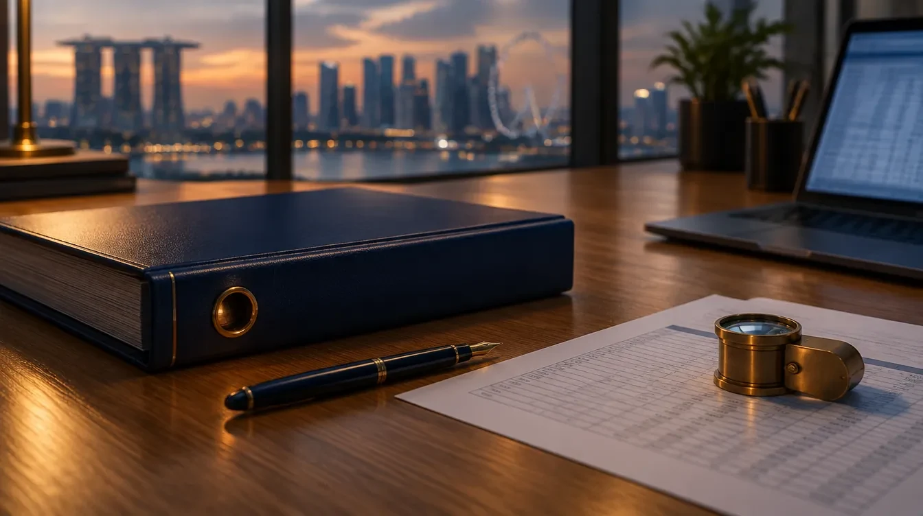 Still life of an audit binder, a loupe and a fountain pen on a desk at dusk