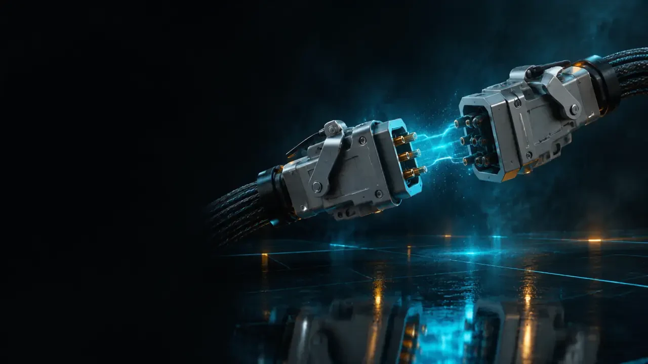 Two heavy-duty industrial connectors meeting in a burst of blue light