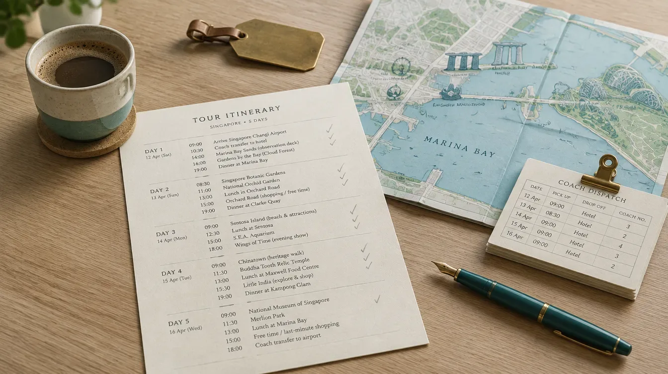 A printed Singapore tour itinerary, a harbour map, a coach dispatch card and a fountain pen on an oak desk