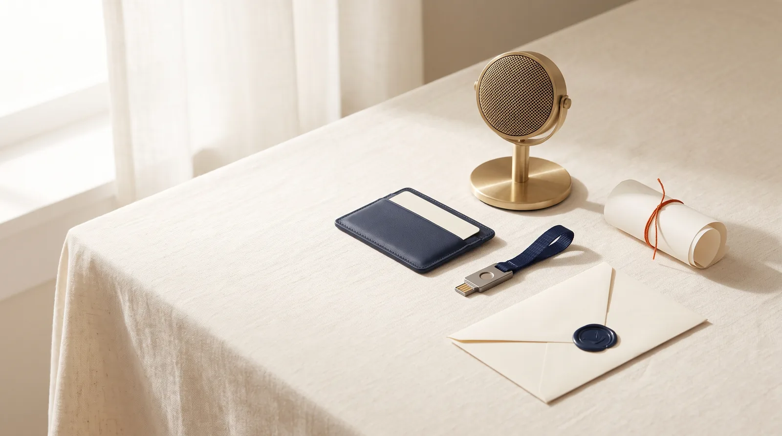 Still life of a brass microphone, a navy card wallet and a security key