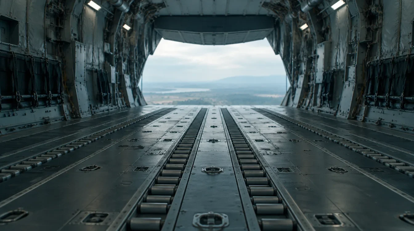 Empty cargo hold of a transport aircraft with roller tracks leading to an open ramp