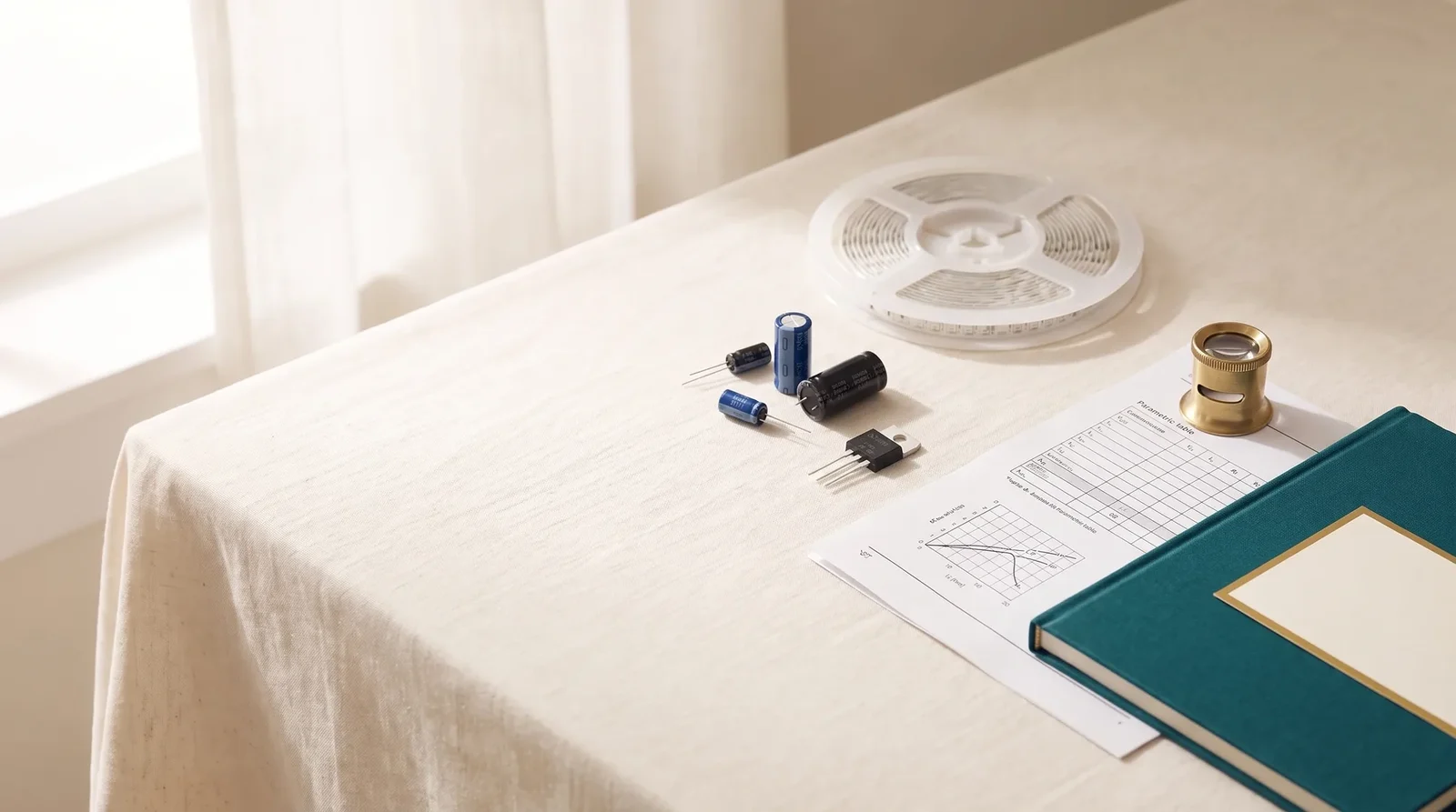 Still life of capacitors, a component reel, a datasheet and a brass loupe on a linen table