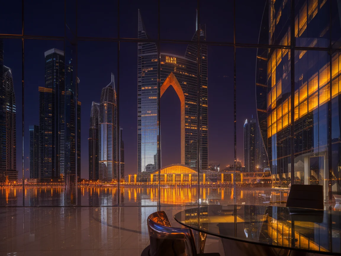 Dubai International Financial Centre towers at night