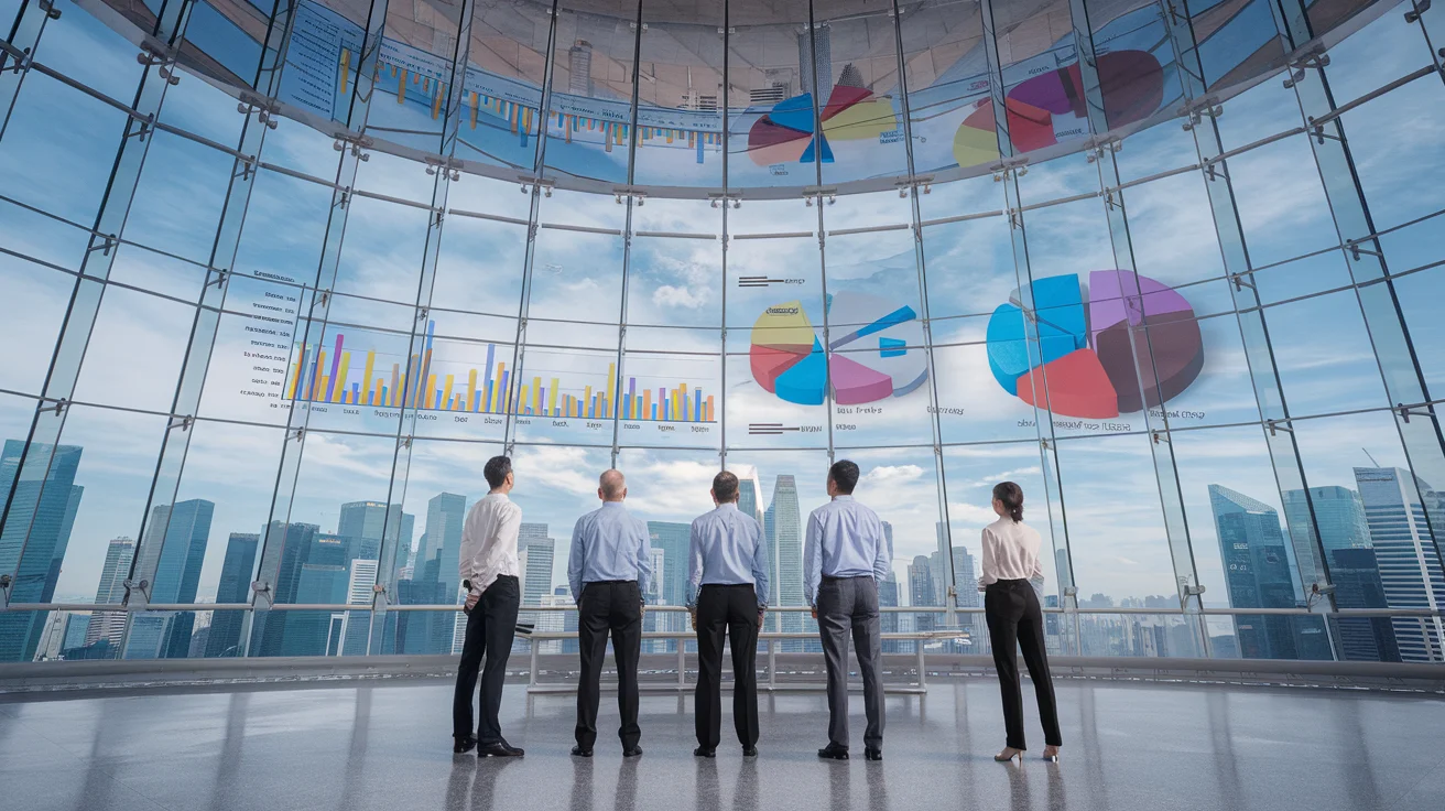 Enterprise operations room with multi-screen BI dashboards