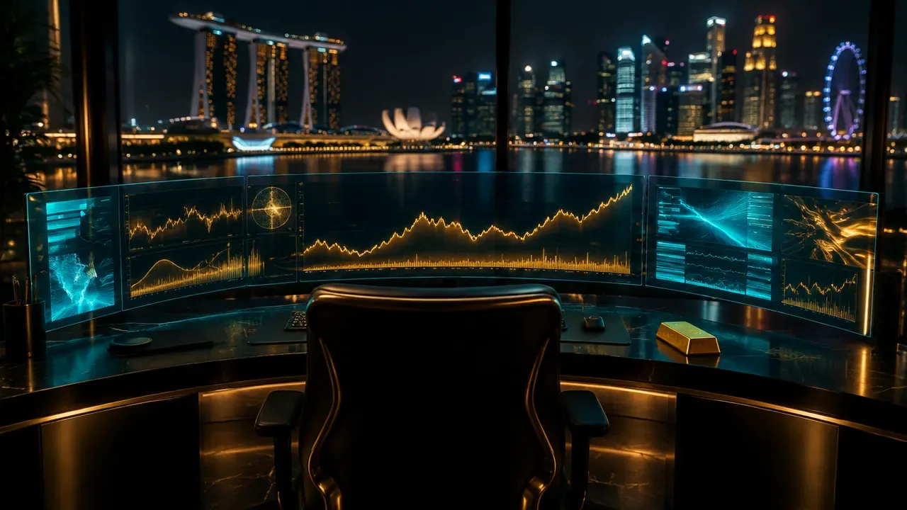 A trading desk at night with curved screens of gold price charts and a small gold bar, facing Marina Bay