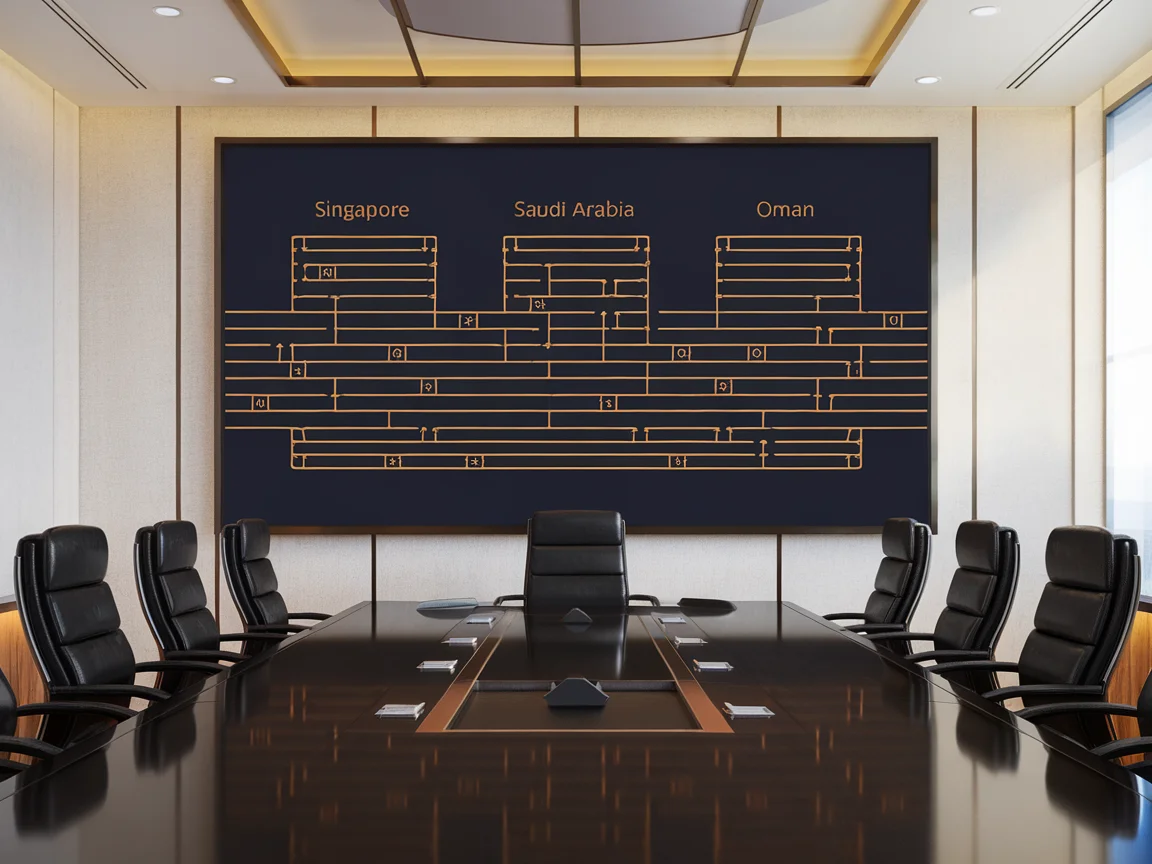 Executive boardroom with multi-jurisdiction governance framework