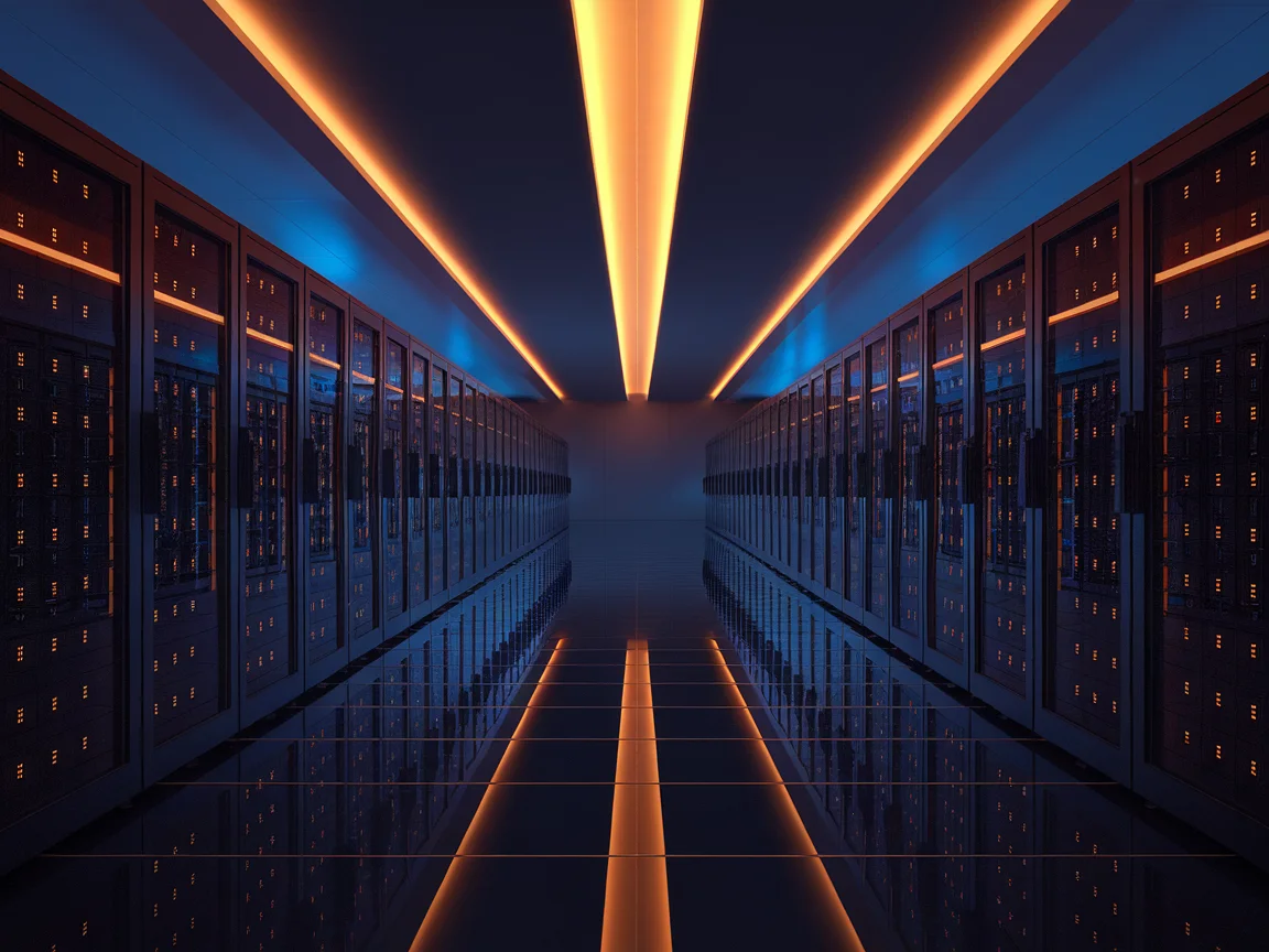Enterprise data centre corridor with orange server LEDs