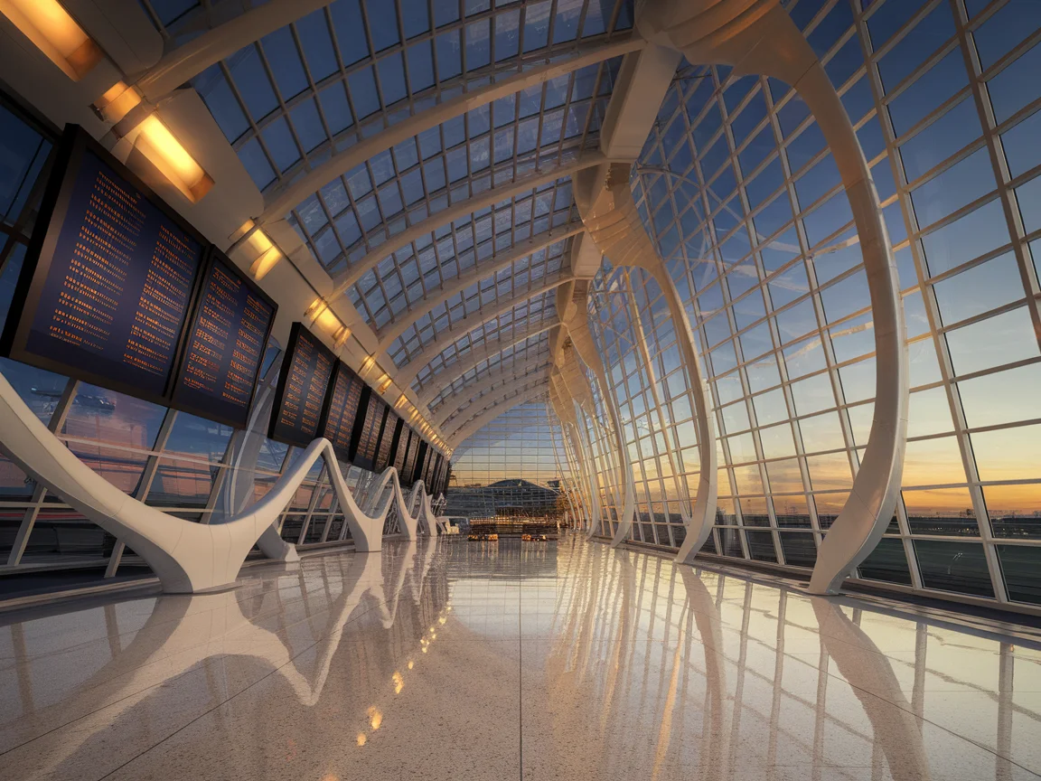 Futuristic airport terminal interior at golden hour