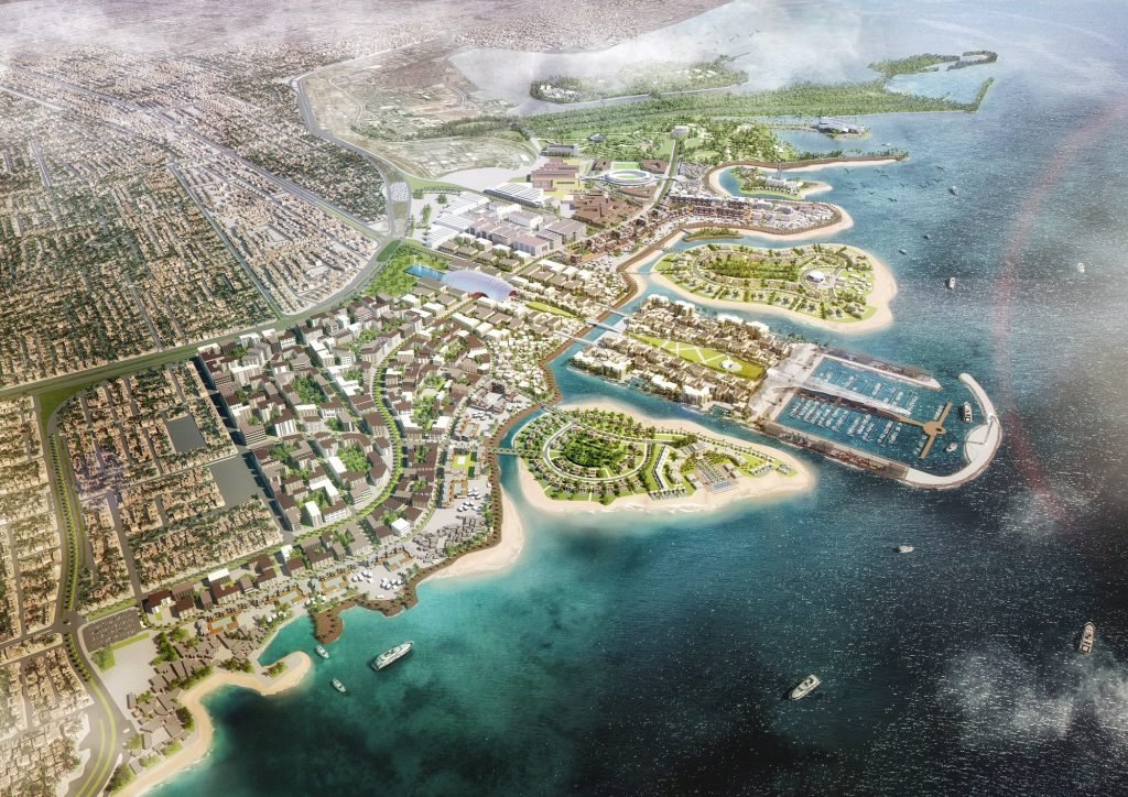 New Jeddah Downtown aerial render of a coastal mixed-use district with marina and reclaimed islands
