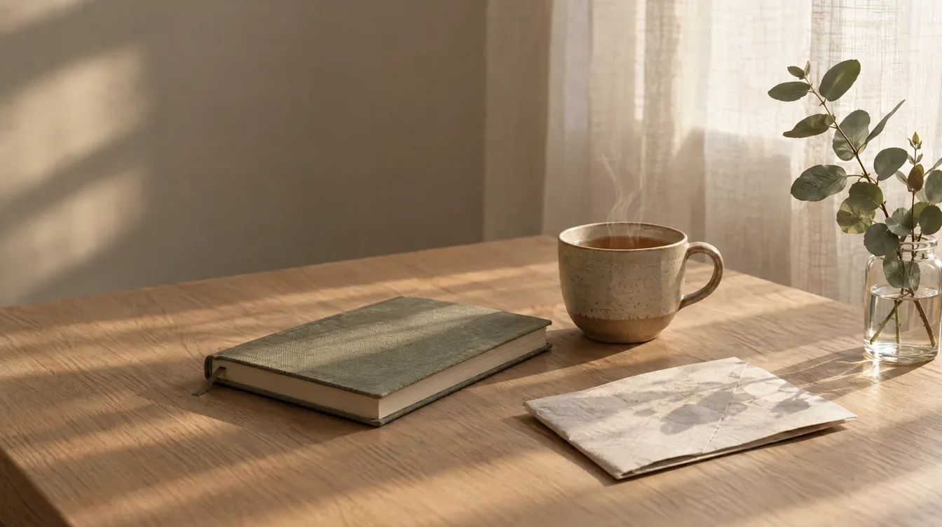 A cloth-bound notebook, a cup of tea and a folded note on a sunlit oak table beside a sprig of eucalyptus