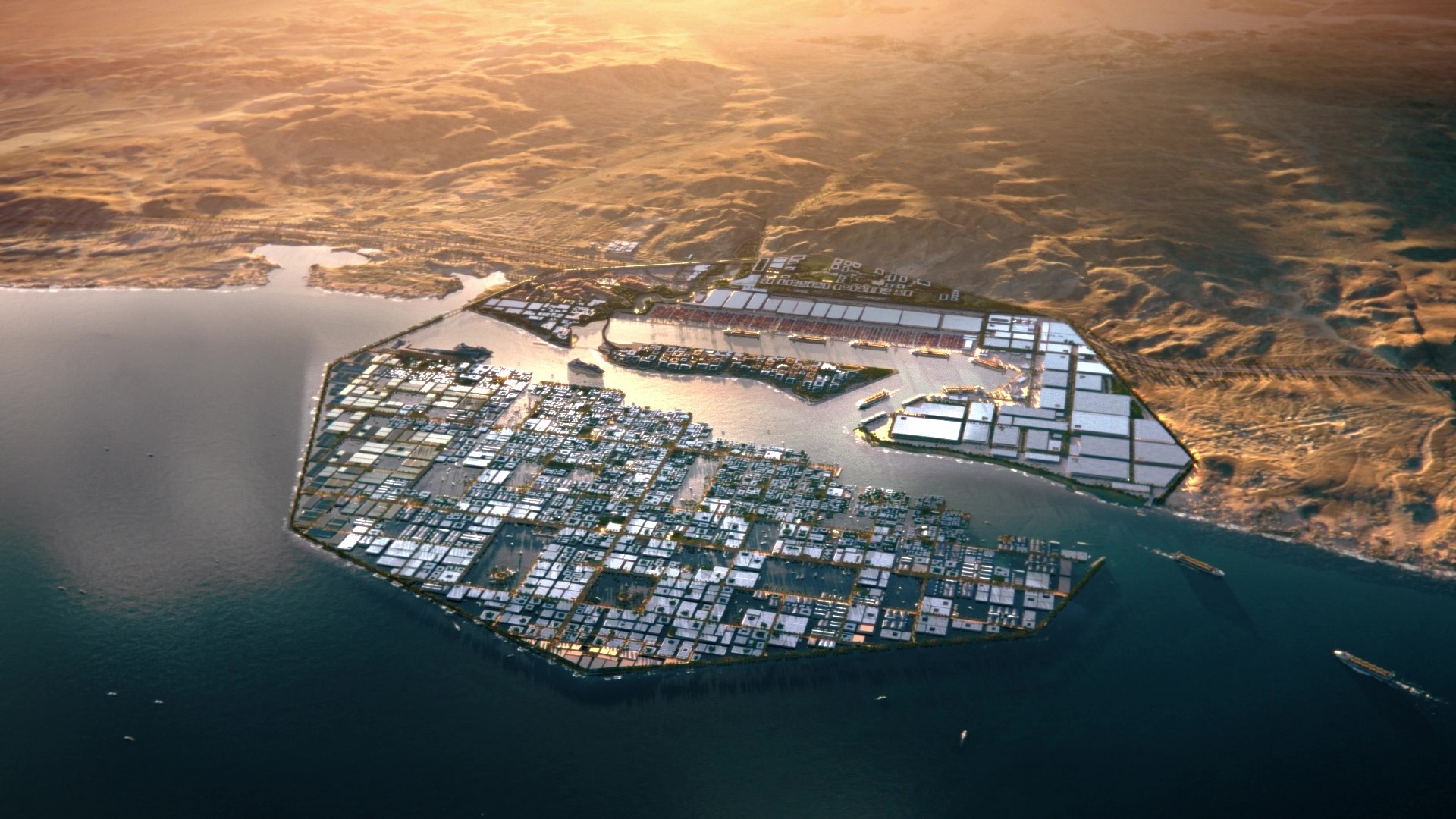 NEOM Oxagon, aerial view of the world's first fully automated industrial city on the Red Sea coast