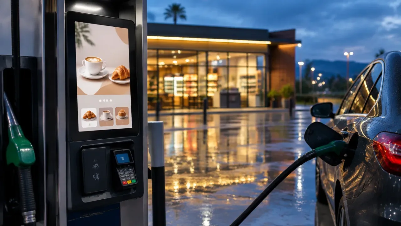 A fuel pump touchscreen showing a coffee and pastry offer beside a lit convenience store at dusk