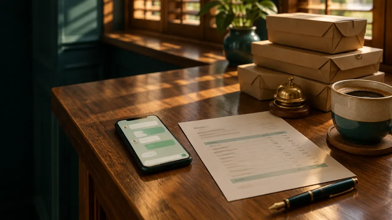 A phone showing a chat beside a printed quotation, a service bell and stacked gift boxes on a wooden counter