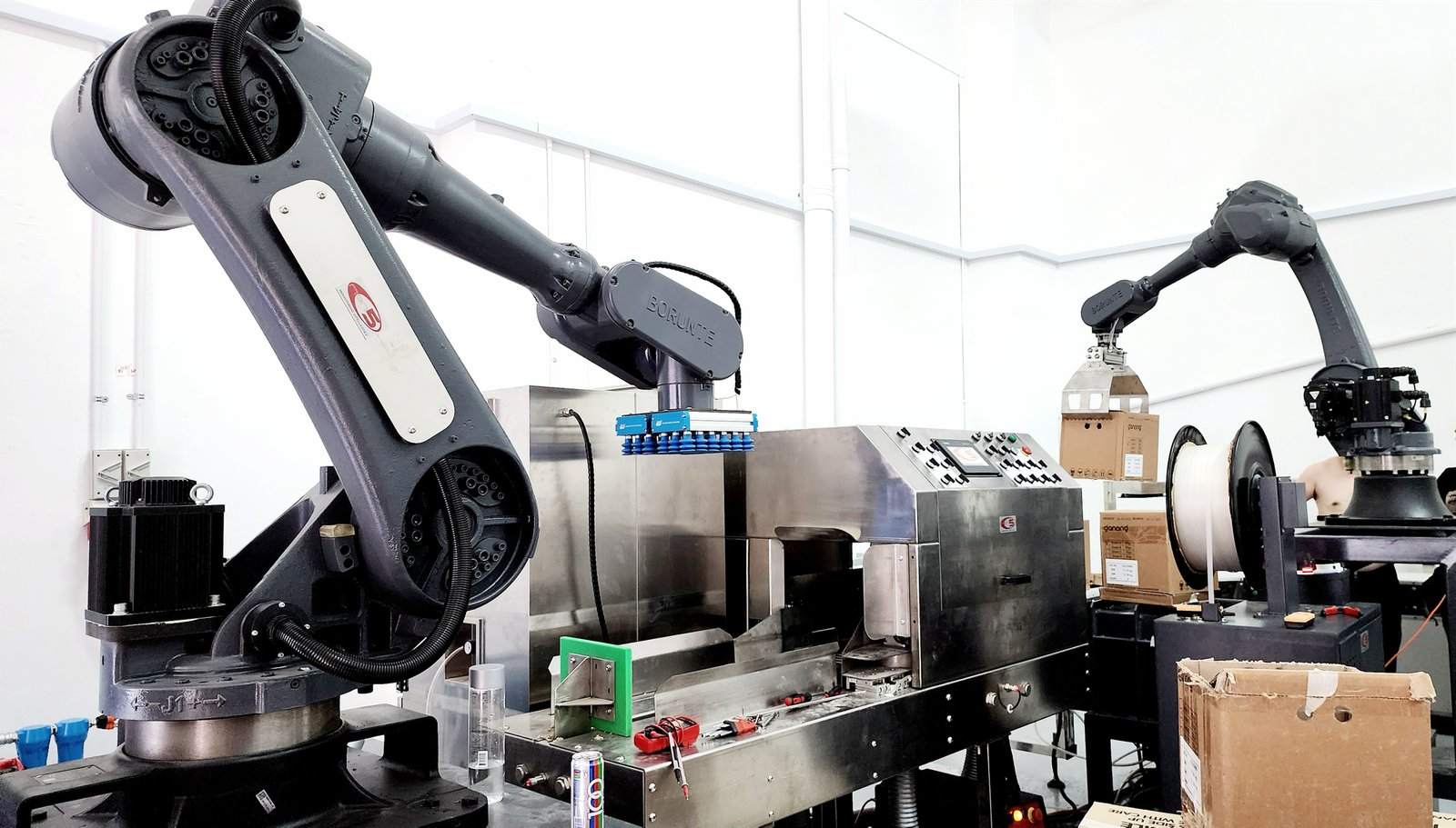 Twin 6-axis robotic arms handling carton boxes on the automated line