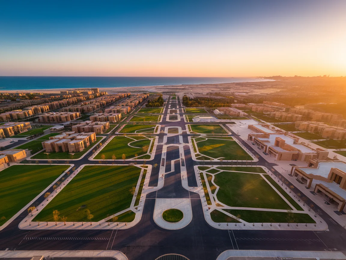 Aerial view of planned smart city development at golden hour