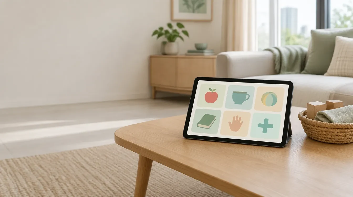 A tablet showing a picture board on a low table in a calm living room