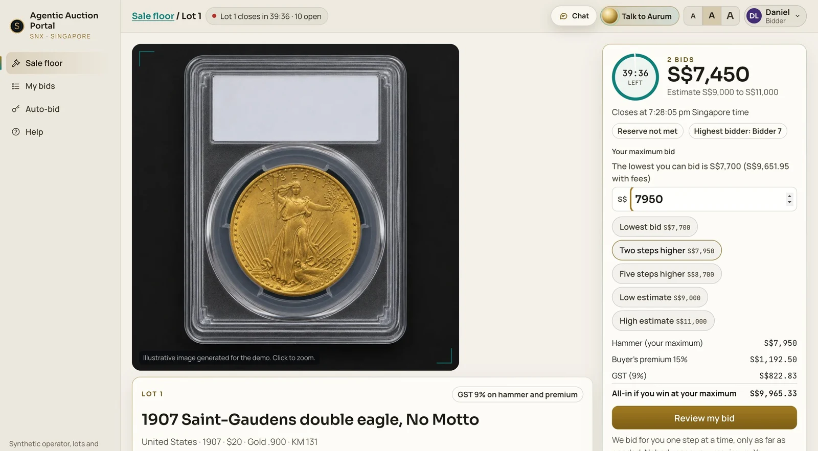 Lot page showing a gold coin, the current bid, a countdown and the all-in price including premium and GST