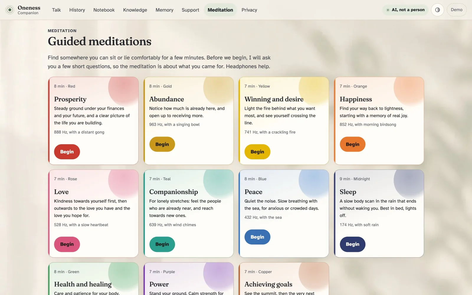 Guided meditation list with eleven coloured cards from Prosperity to Achieving goals, each with its length, tone and sound