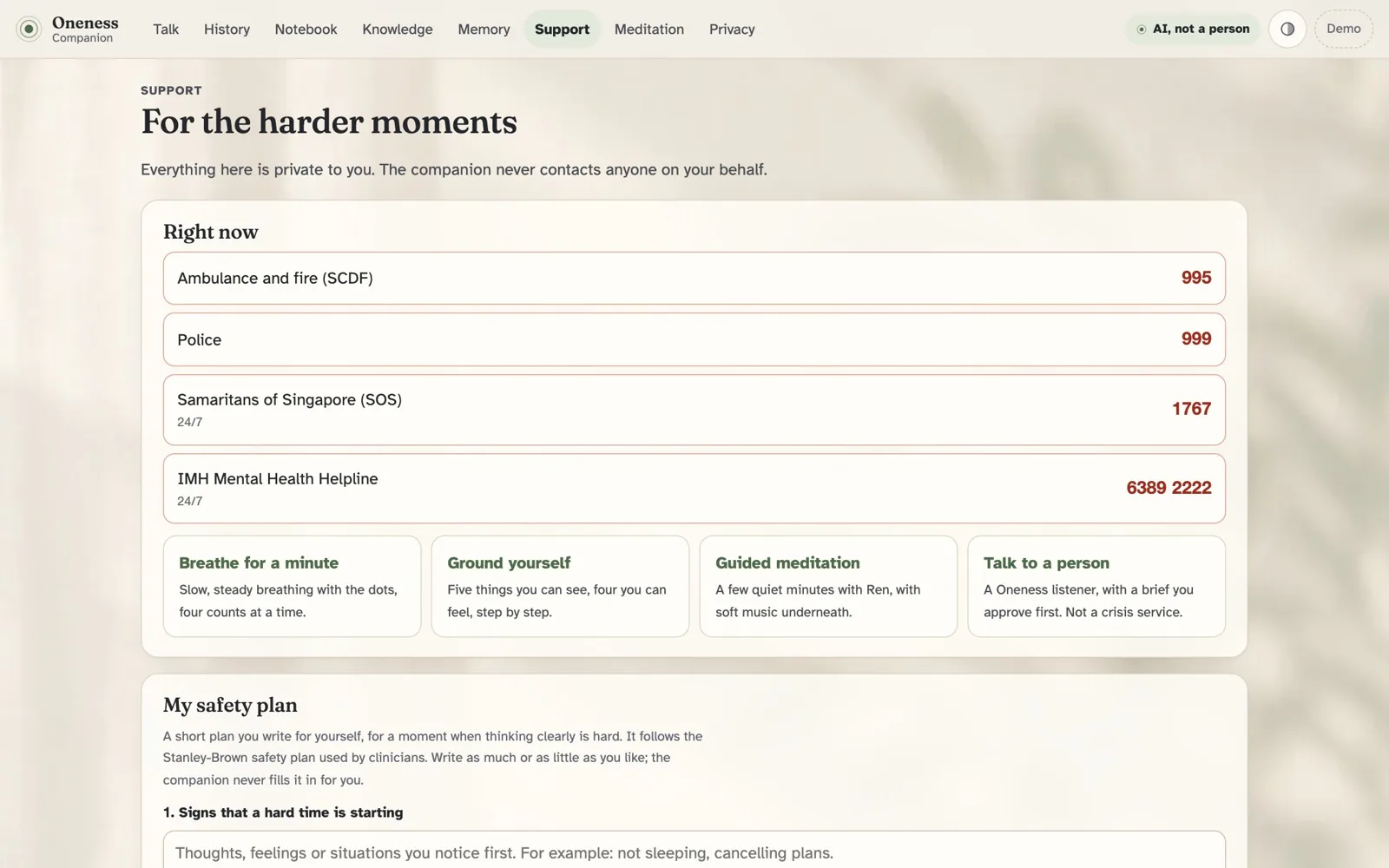 Support page with Singapore helplines, tiles for breathing, grounding, guided meditation and talking to a person, and the start of a personal safety plan