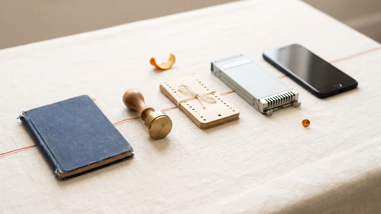 A passbook, a brass teller's stamp, punched cards, a server module and a smartphone laid in a row on a linen desk, joined by an orange thread