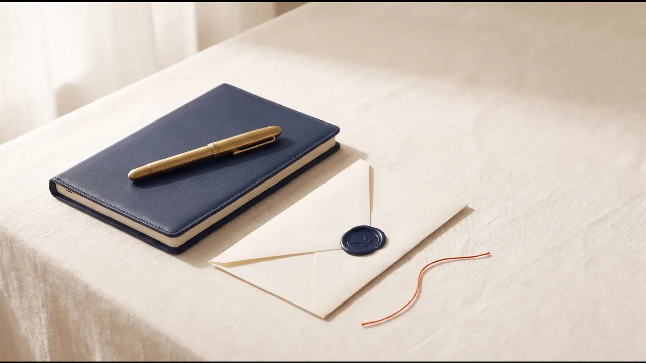 A navy leather ledger with a brass pen beside an envelope sealed with navy wax, on linen