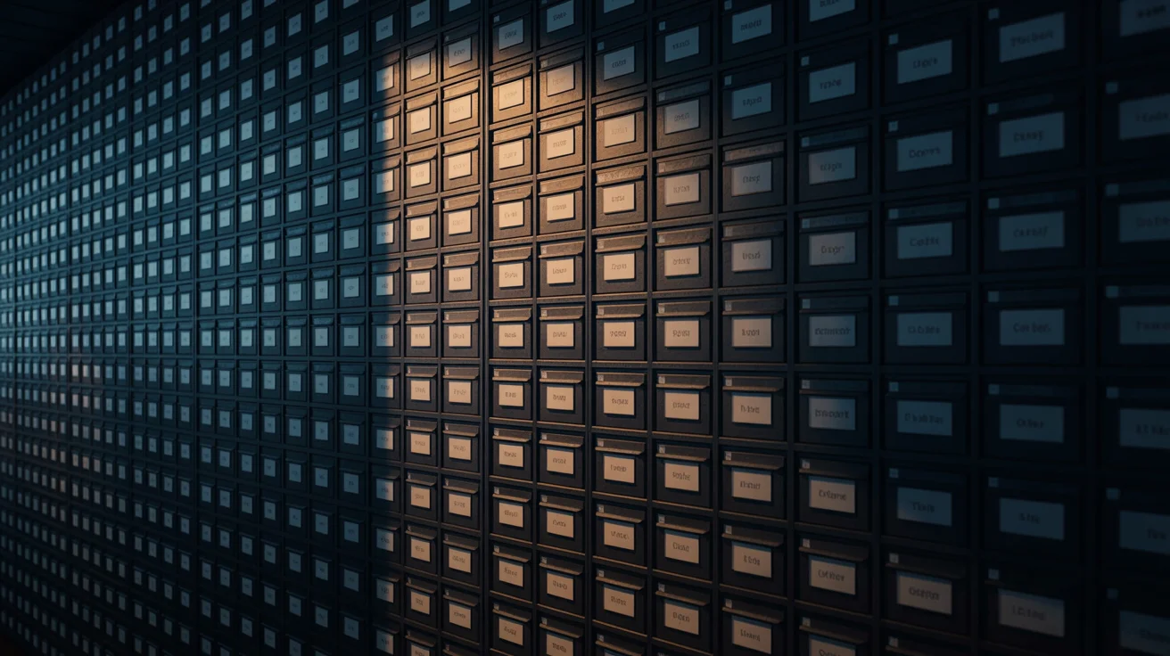 A dense wall of small labeled specimen drawers, one column lit warm orange, representing 61 catalogued patterns