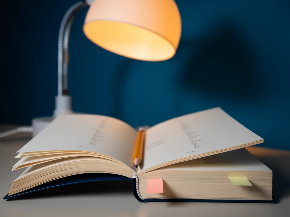 An open reference book with a pencil in the fold under warm lamp light