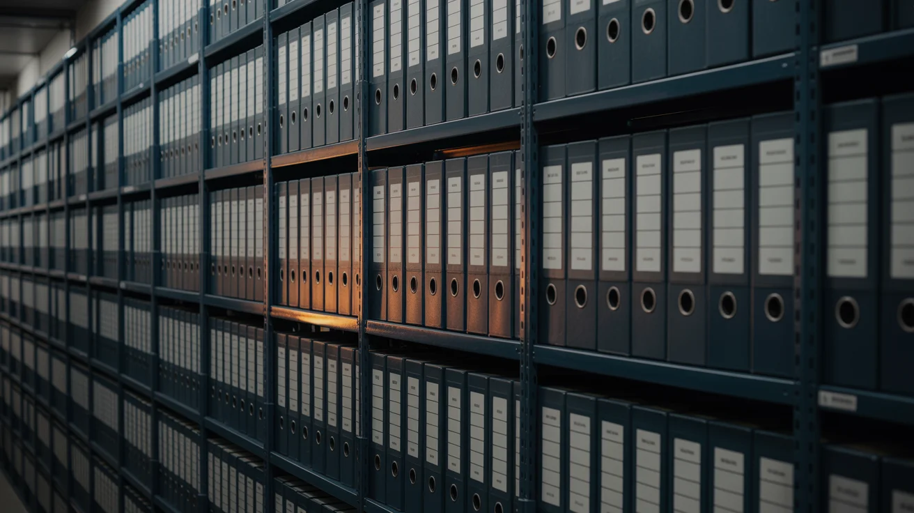 A wall of labeled archive binders on dark shelving, one section lit warm orange, representing patterns organised by source