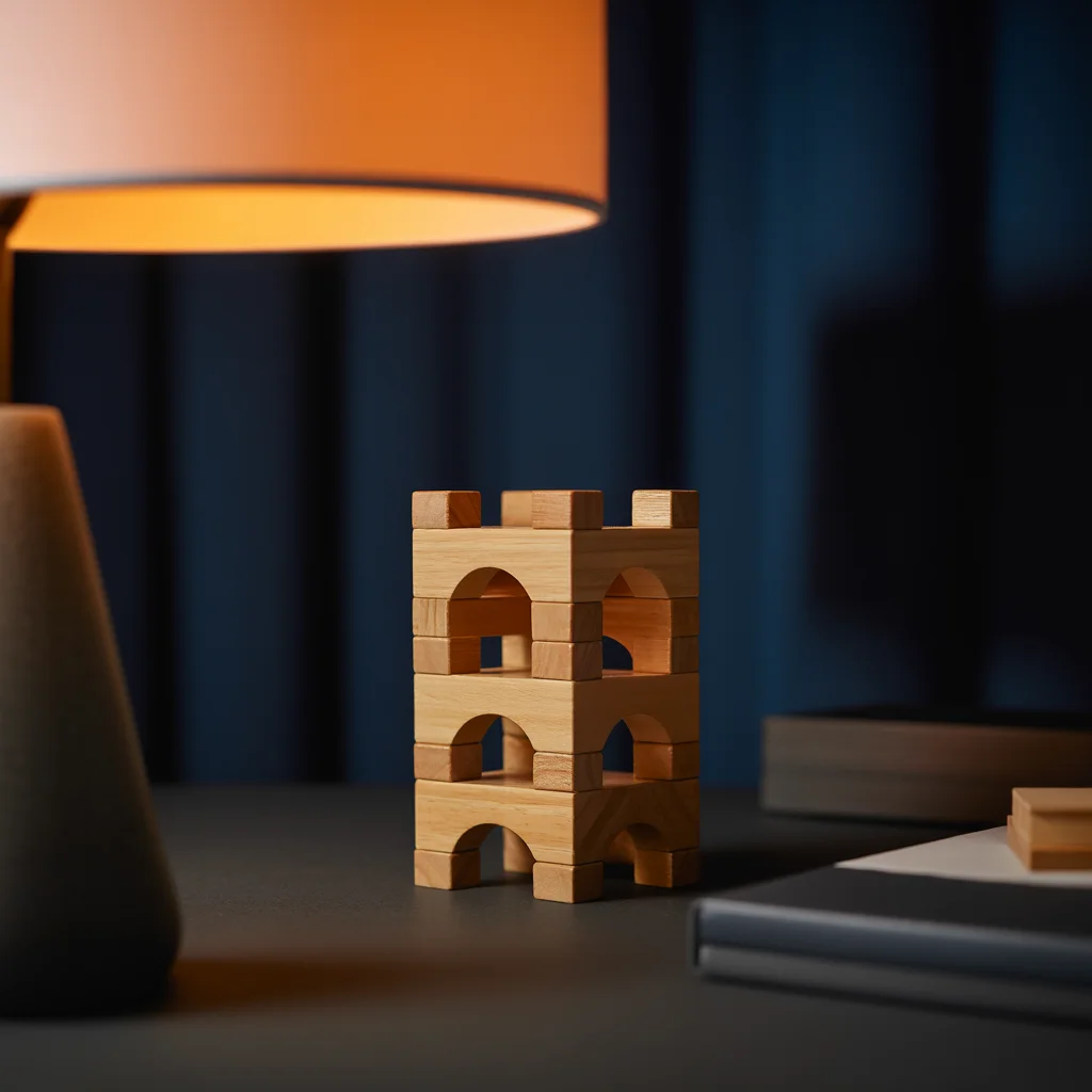 Wooden building blocks stacked into a small tower, representing composable design patterns