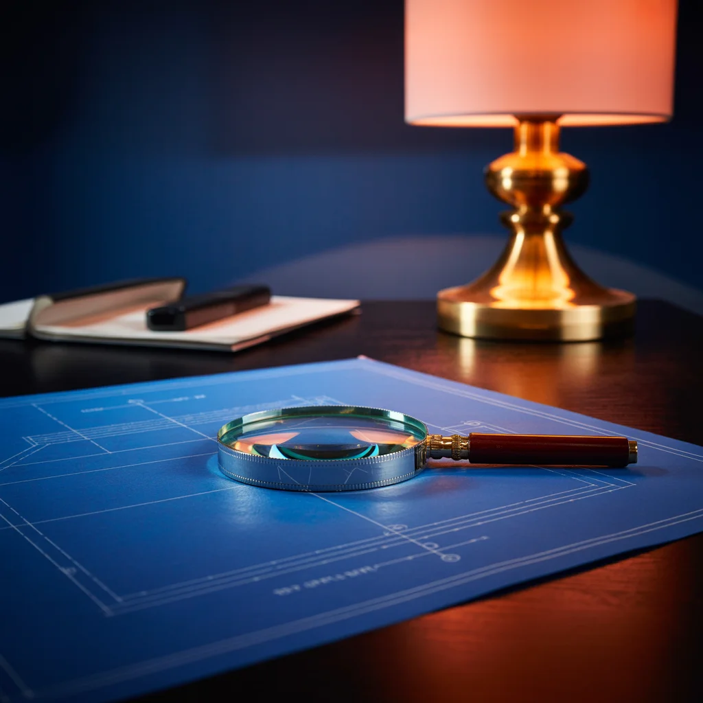 A magnifying glass resting on a blueprint under warm lamp light
