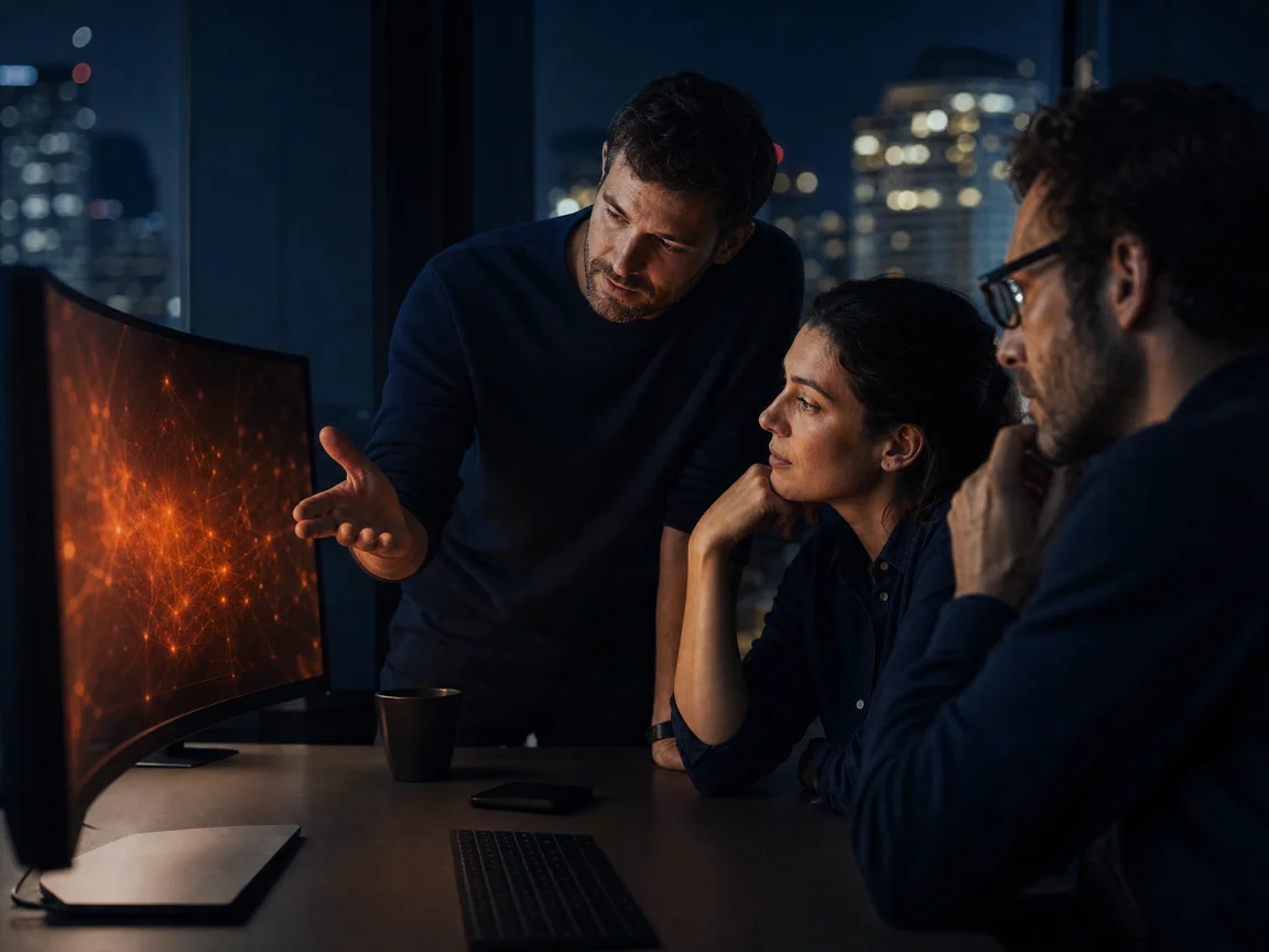 Three colleagues in a dusk-lit meeting room gather around a curved monitor showing a soft abstract orange network glow