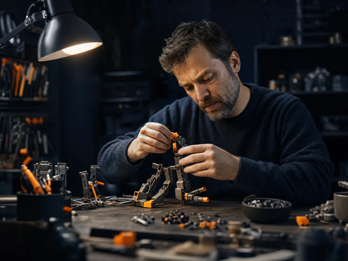 A developer's hands assembling a small mechanical model piece by piece at a workbench